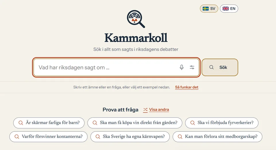 Kammarkoll's start page: a search box with a microphone button, under the line 'Search everything said in the Riksdag's debates'.